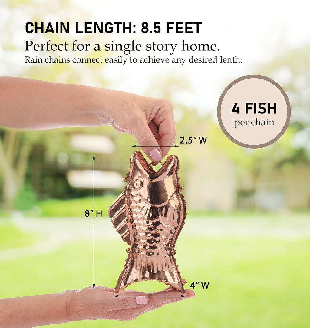 Good Directions 487P-8 Fish Rain Chain - 8.5 ft., with 4 Large Figures, Large Cups 100% Pure Copper