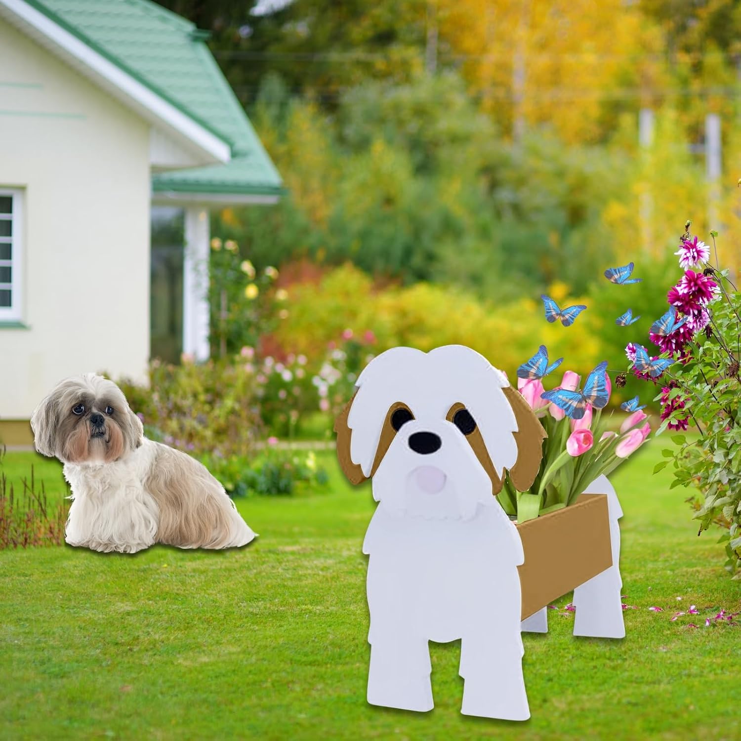 Brown Shih Tzu Dog Planter Pots, Animal Shaped Flower Pot | Cute Plant Gift for Women and Pet Lovers, Indoor Outdoor
