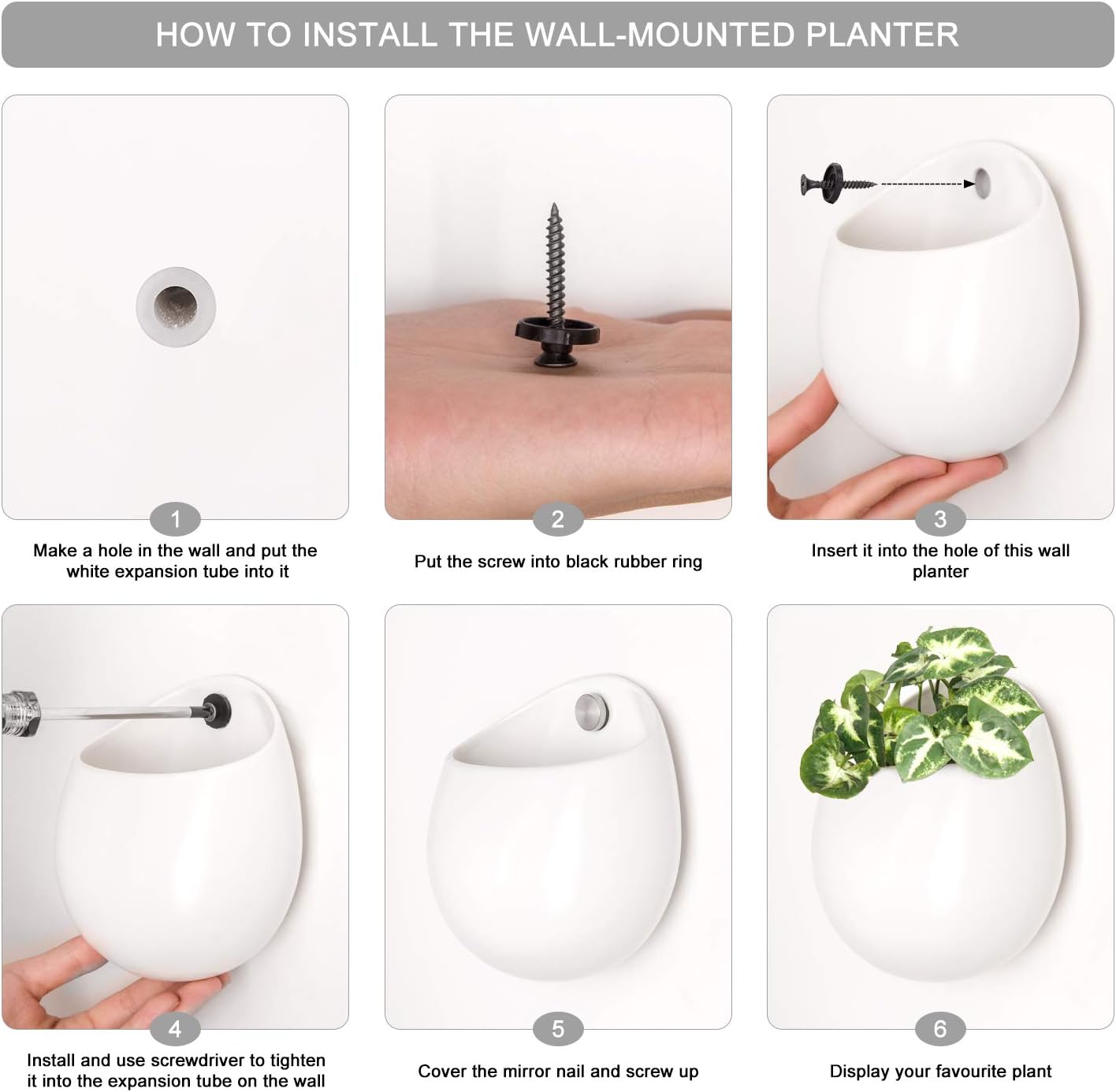 Mkono Ceramic Wall Planter for Indoor Plants 4 Inch Hanging Pot, Set of 3 | Succulents Air Plant Holder, White Round