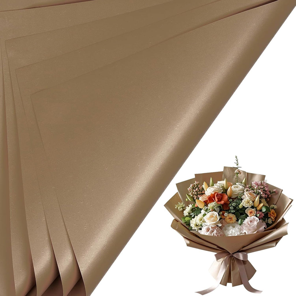 LeZakaa 20 Sheets Flower Wrapping Paper - Waterproof Reversible Floral Bouquet Paper - Brown Design for Valentine's Day, Mother's Day, Parties, Birthdays, Weddings, Baby Shower