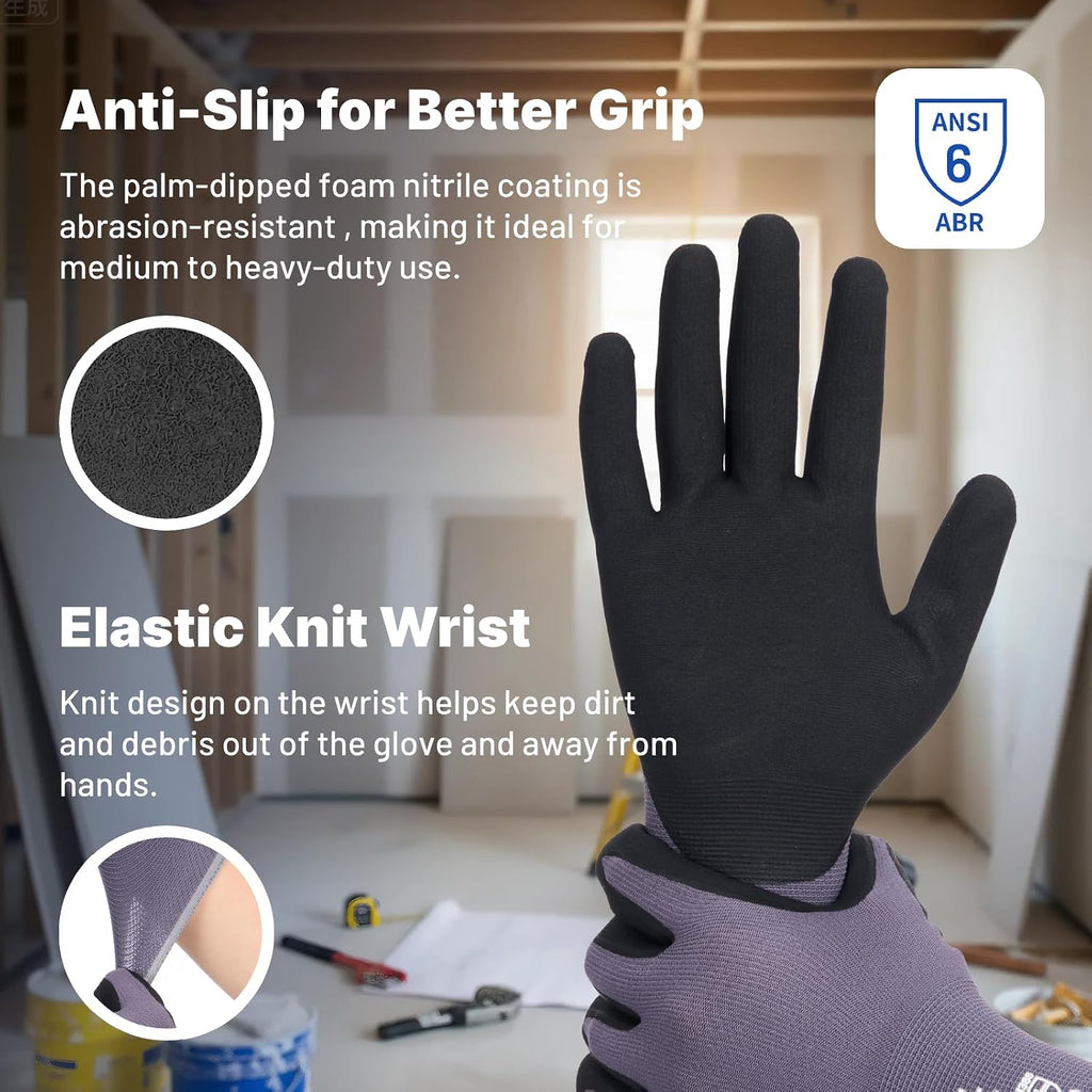 NORTHSKY Olympia Nitrile Dipped Knit Work Gloves, Light and Medium Duty Gardening Safe Work Gloves Breathable 12 Pairs