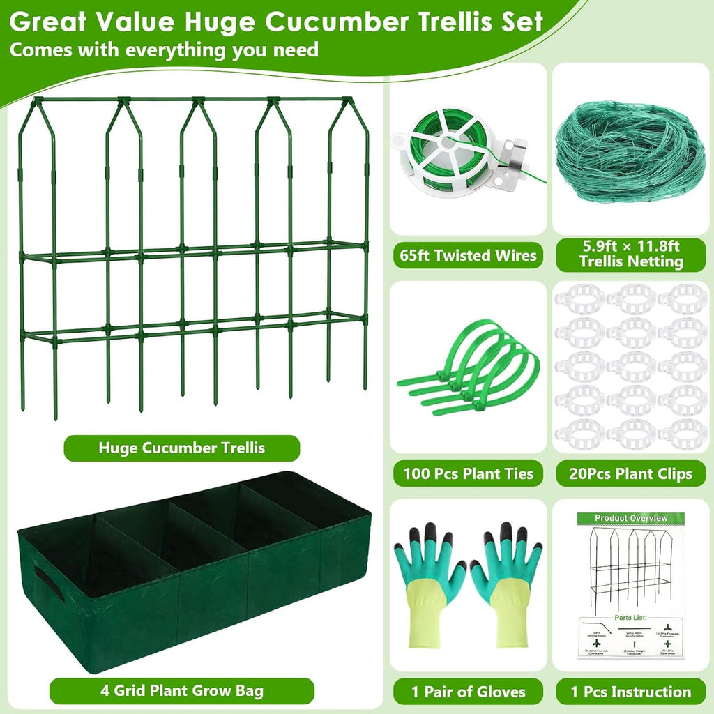 Large Cucumber Trellis for Climbing Plants with Grow Bag, 67"×65"×16.5" Metal Garden Trellis for Raised Bed with Garden