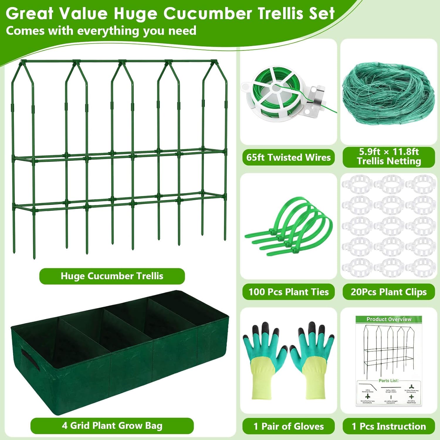Large Cucumber Trellis for Climbing Plants with Grow Bag, 67"×65"×16.5" Metal Garden Trellis for Raised Bed with Garden