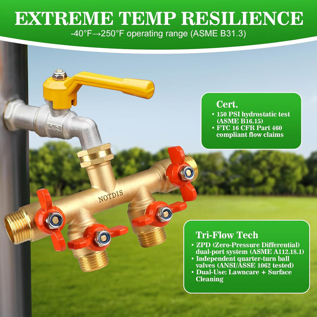4 Way Brass Hose Splitter Full Flow with Metal Handle - Heavy Duty Spigot Splitter with Shut Off Valve, 3/4" GHT Garden
