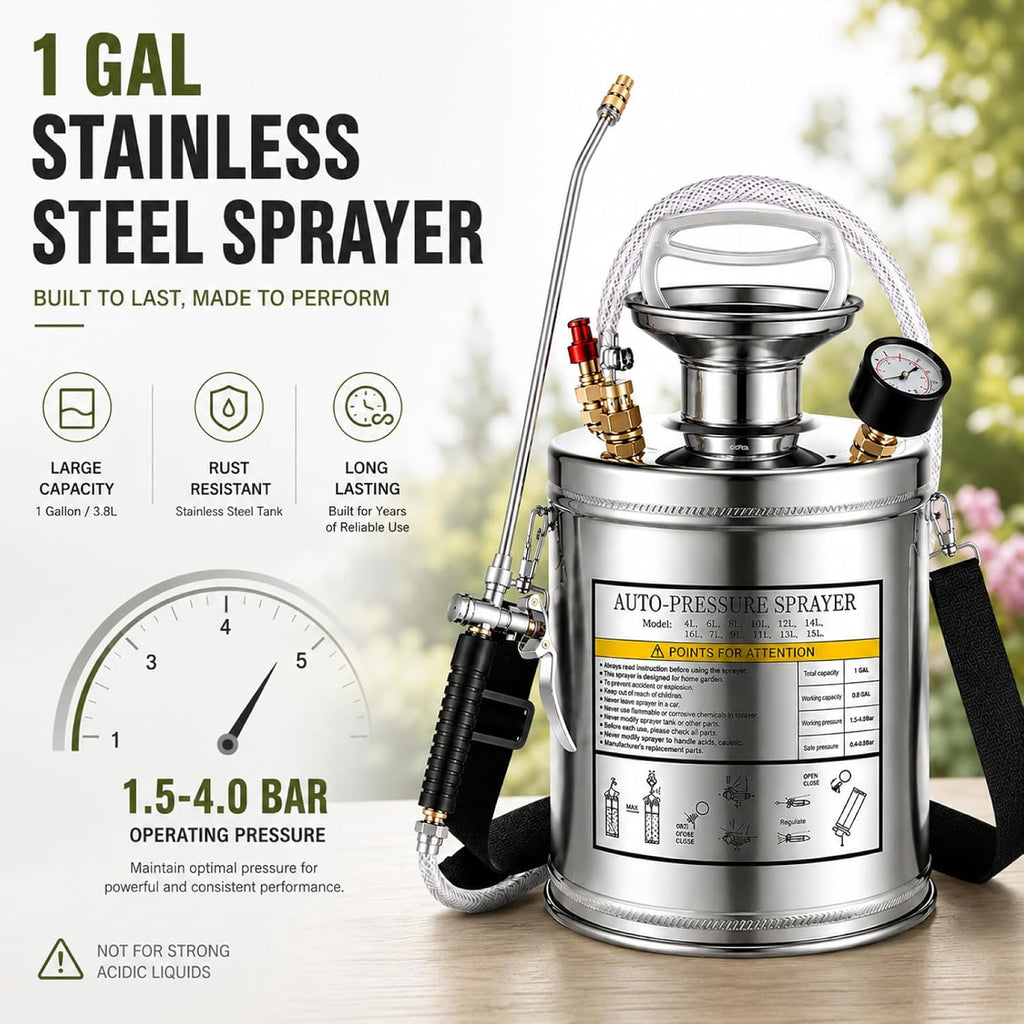 1Gal Stainless Steel Pump Up Sprayer Reinforced Hose, Hand Pump Sprayer with Pressure Gauge&Safety Valve, Adjustable