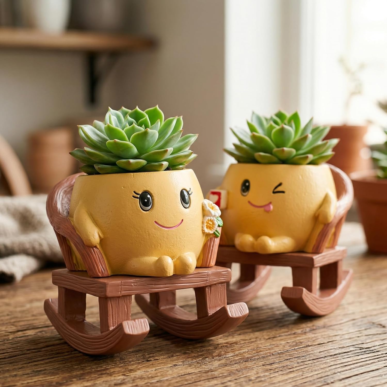 Rocking Chair Planter Set of 2,Small Smiley Face Succulent Pots | Two small flower pots for office desk or shelf with