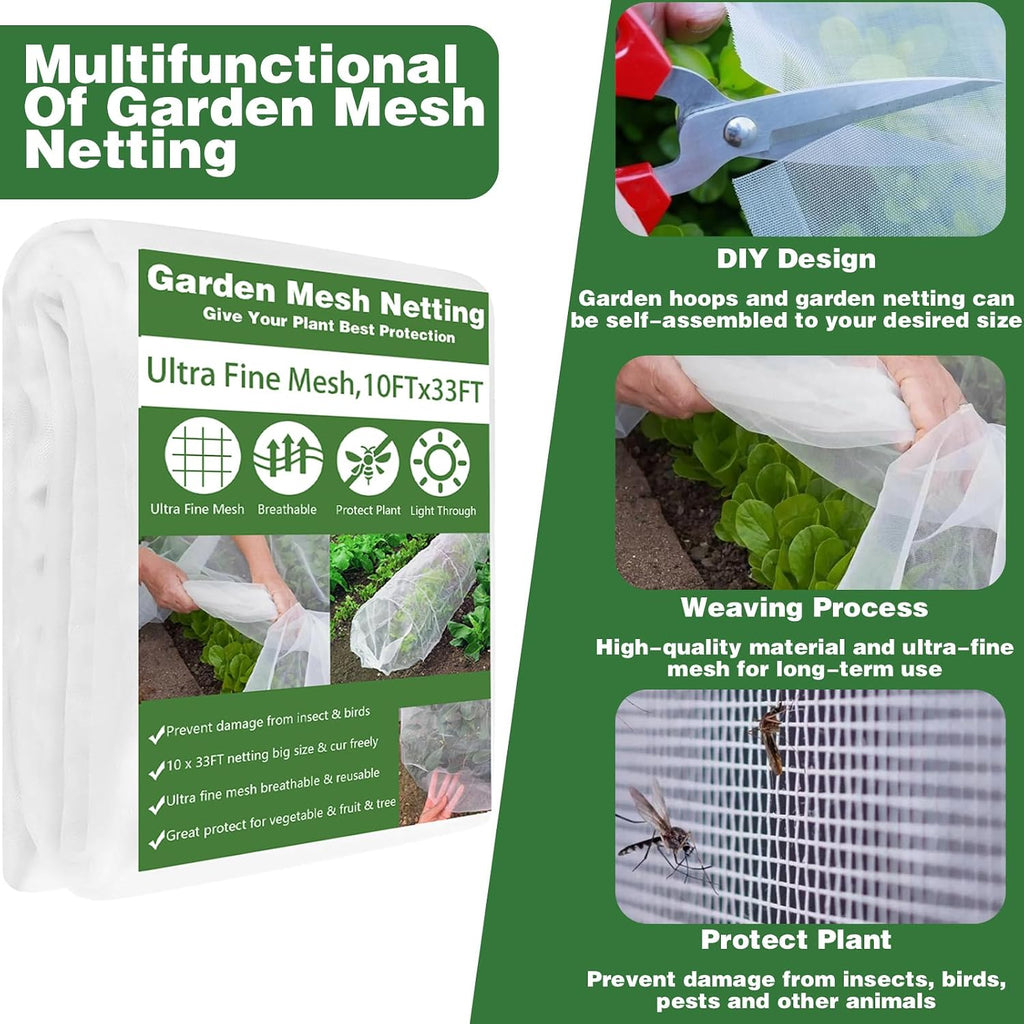 Garden Mesh Netting Kit, 10x33FT Ultra Fine Mesh Netting with 6 Sets Fiberglass Garden Hoops & 12 Clips for Tree Fruit