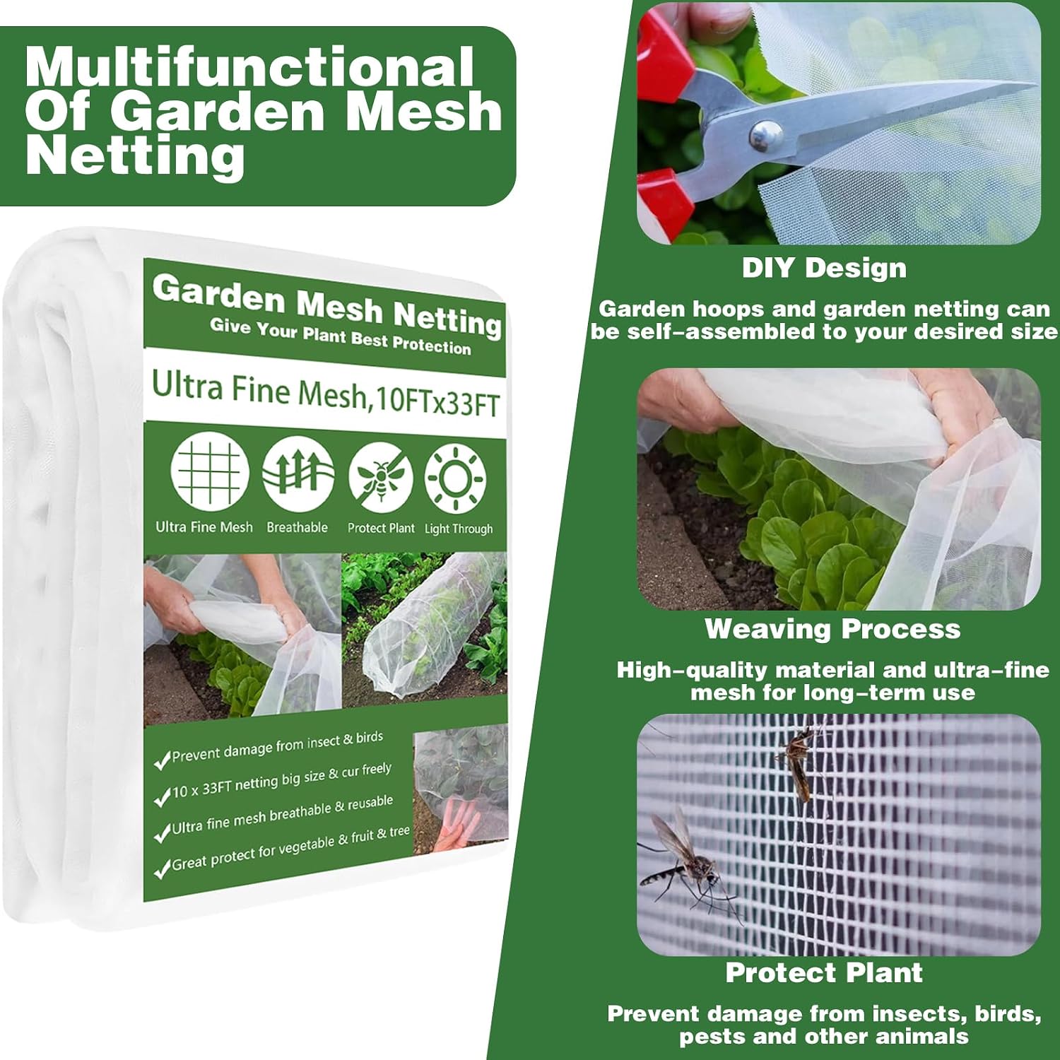 Garden Mesh Netting Kit, 10x33FT Ultra Fine Mesh Netting with 6 Sets Fiberglass Garden Hoops & 12 Clips for Tree Fruit