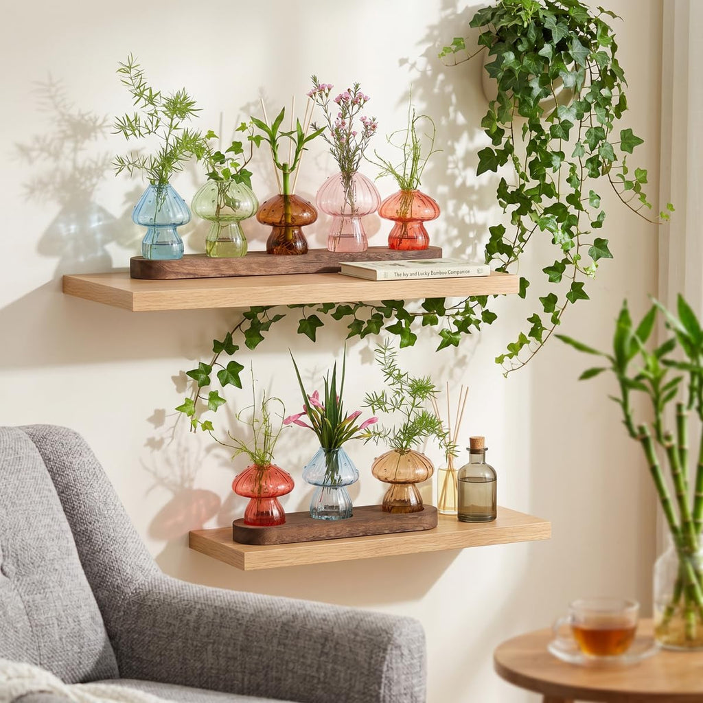 Mushroom Plant Propagation Station, 5 Vases, Wooden Stand | Colored Glass, Hydroponic, Mini Terrarium Planter, Indoor