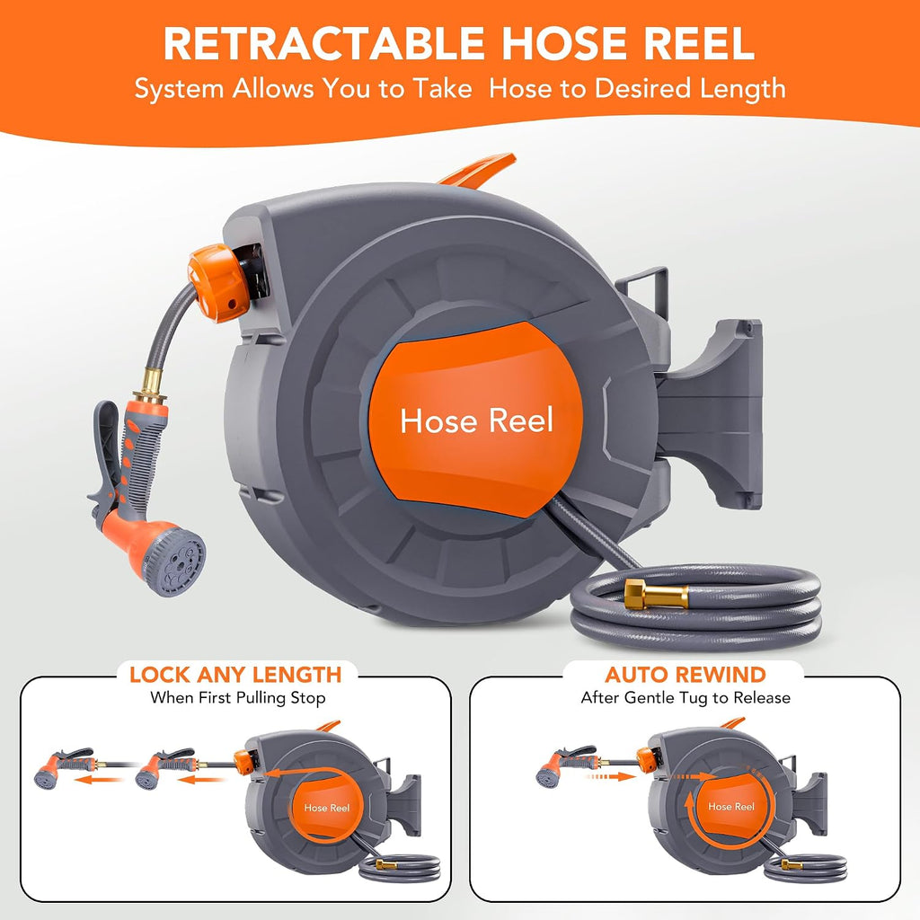 GAOMON Retractable Garden Hose Reel - 1/2 in x 72 ft, Wall Mounted, 9-Function Sprayer, Any Length Lock, 180° Swivel
