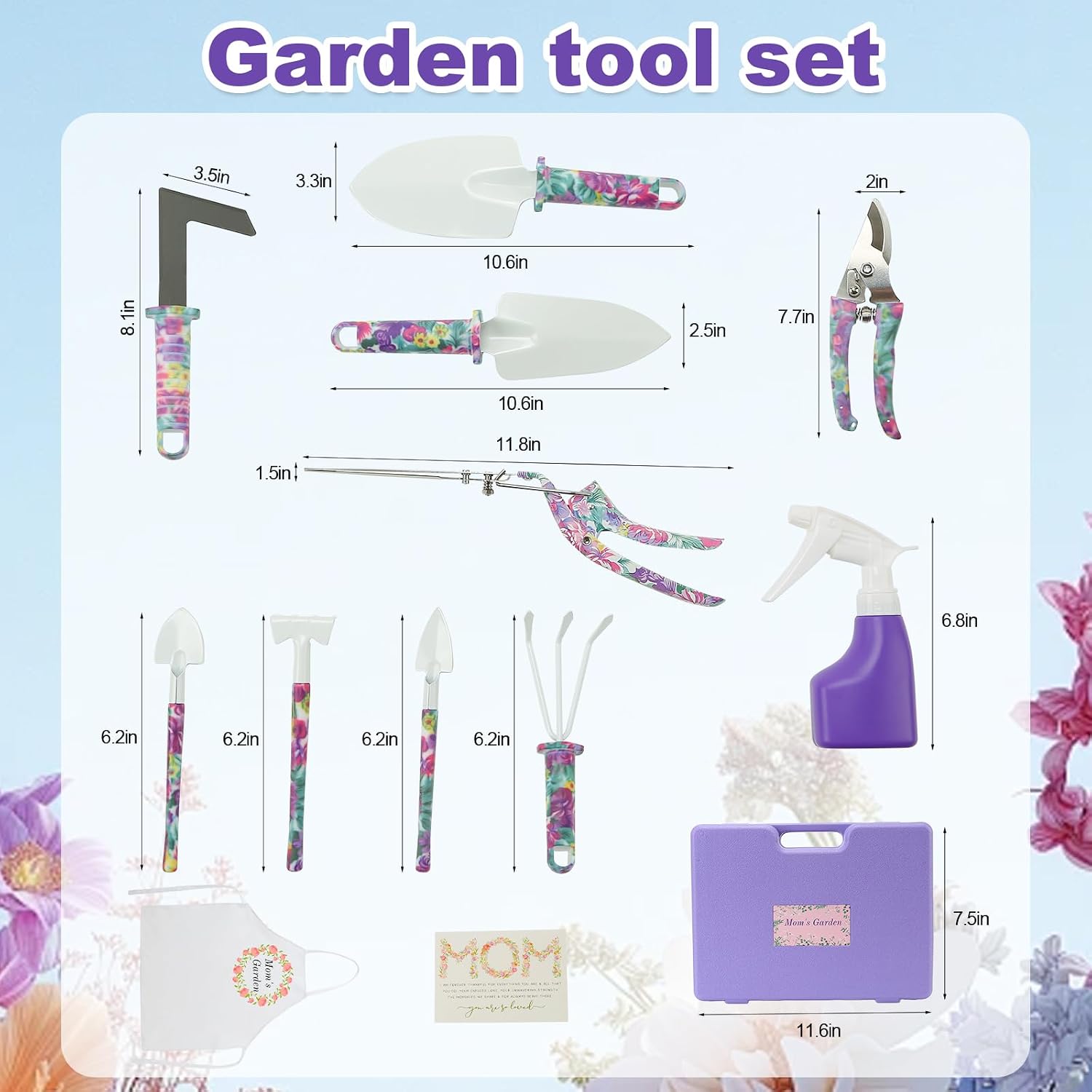 Gardening Gifts for Mom Kit, Garden Hand Tool Set for Women | All-In-One Gardening Kit, Purple Flower Print,Stainless