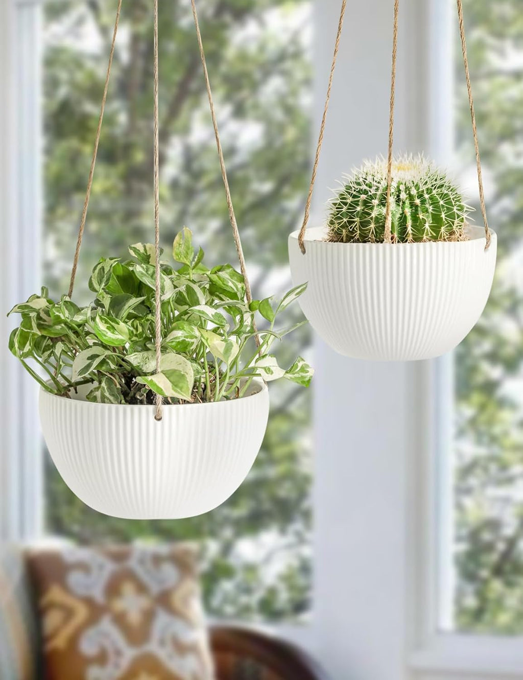 UBEE Ceramic Hanging Planters Indoor Outdoor, 7.5 Inch + 6.5 Inch Hanging Flower Pot for Plants Hanging Basket for