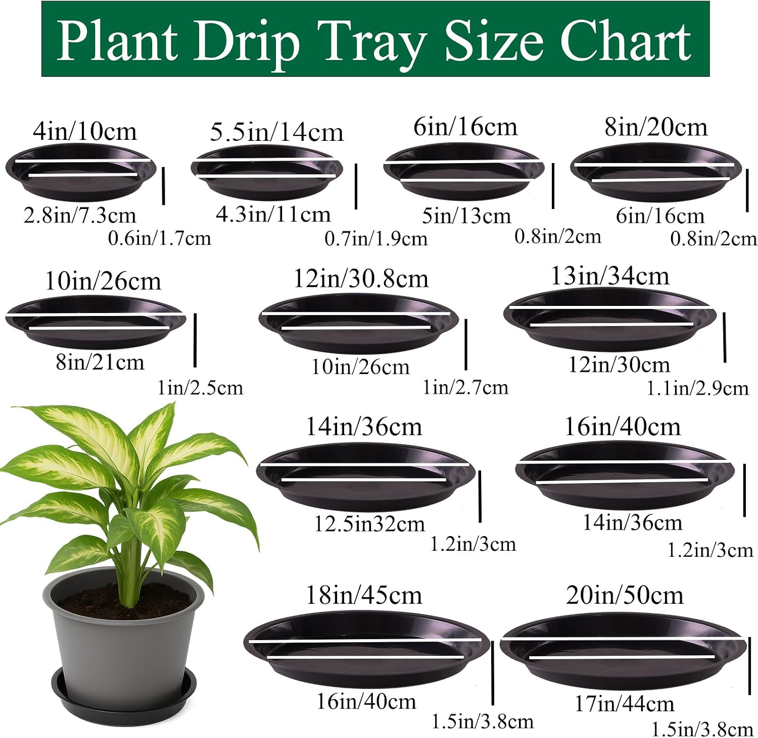 10 Pack Plant Saucer 20 Inches Plastic Drip Trays to Catch Water, Black | Round plastic flower pot saucers for indoors