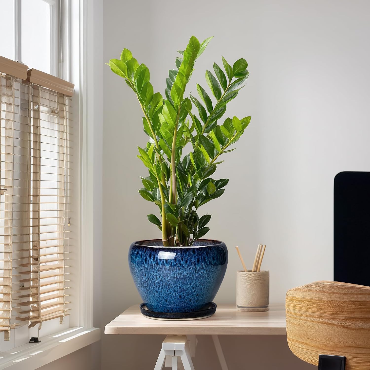 10 Inch Plant Pot, Ceramic Planter with Drainage and Saucer, Blue | Round Planters for Indoor Plants, Modern Planter
