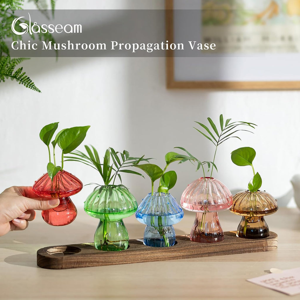 Glasseam Mushroom Glass Plant Propagation Station with Wooden Stand 5Pcs | Colored Handmade Indoor Small Terrarium Jar