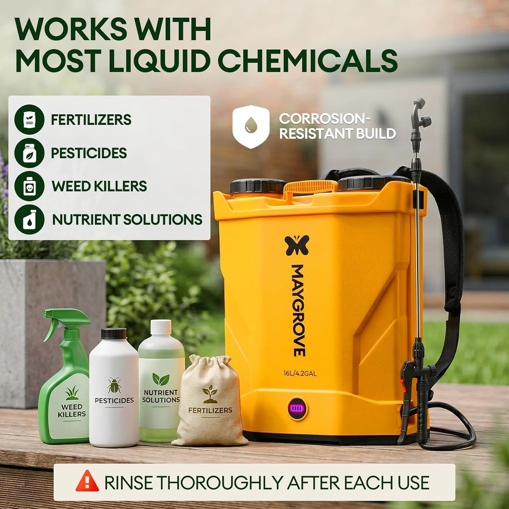 Maygrove 4.2 Gallon Battery Powered Backpack Sprayer | Up to 100 PSI Electric Sprayer with Adjustable Wand & 5 Nozzles