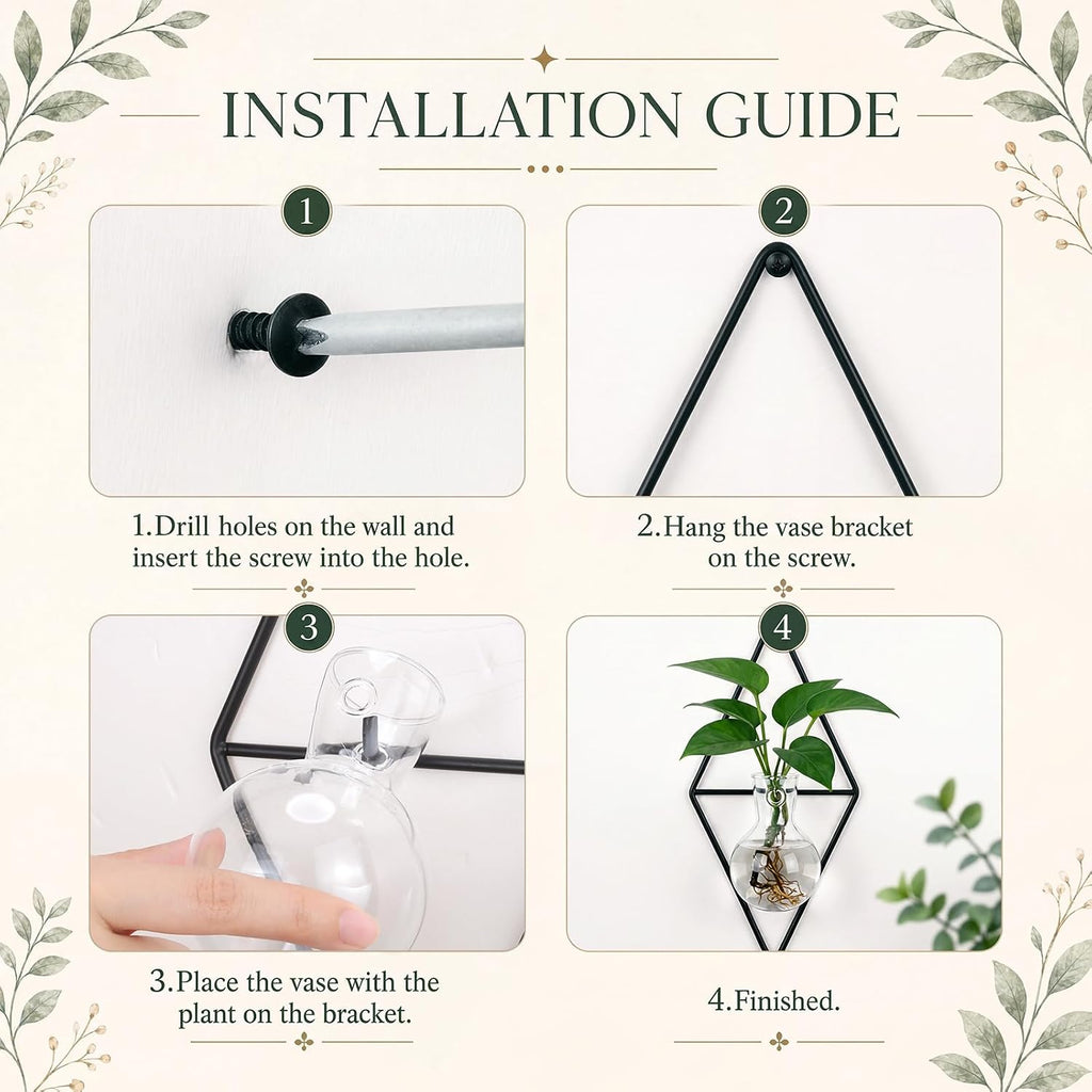 4 Pack Wall Hanging Glass Vase with Metal Frame, Wall Mounted Plant Propagation Station, Diamond Shape Hydroponic Glass