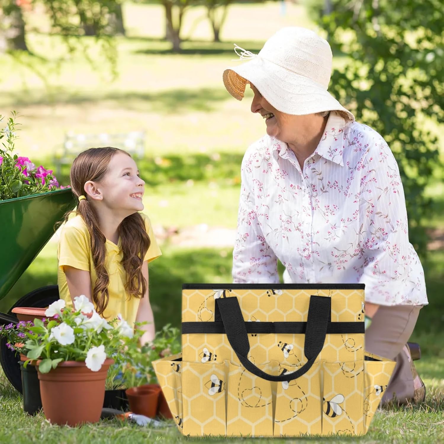 Yellow Bee Gardening Tool Bag,Heavy Duty Garden Tote Bag,Portable Oxford Gardening Storage Basket Organizer Handbag