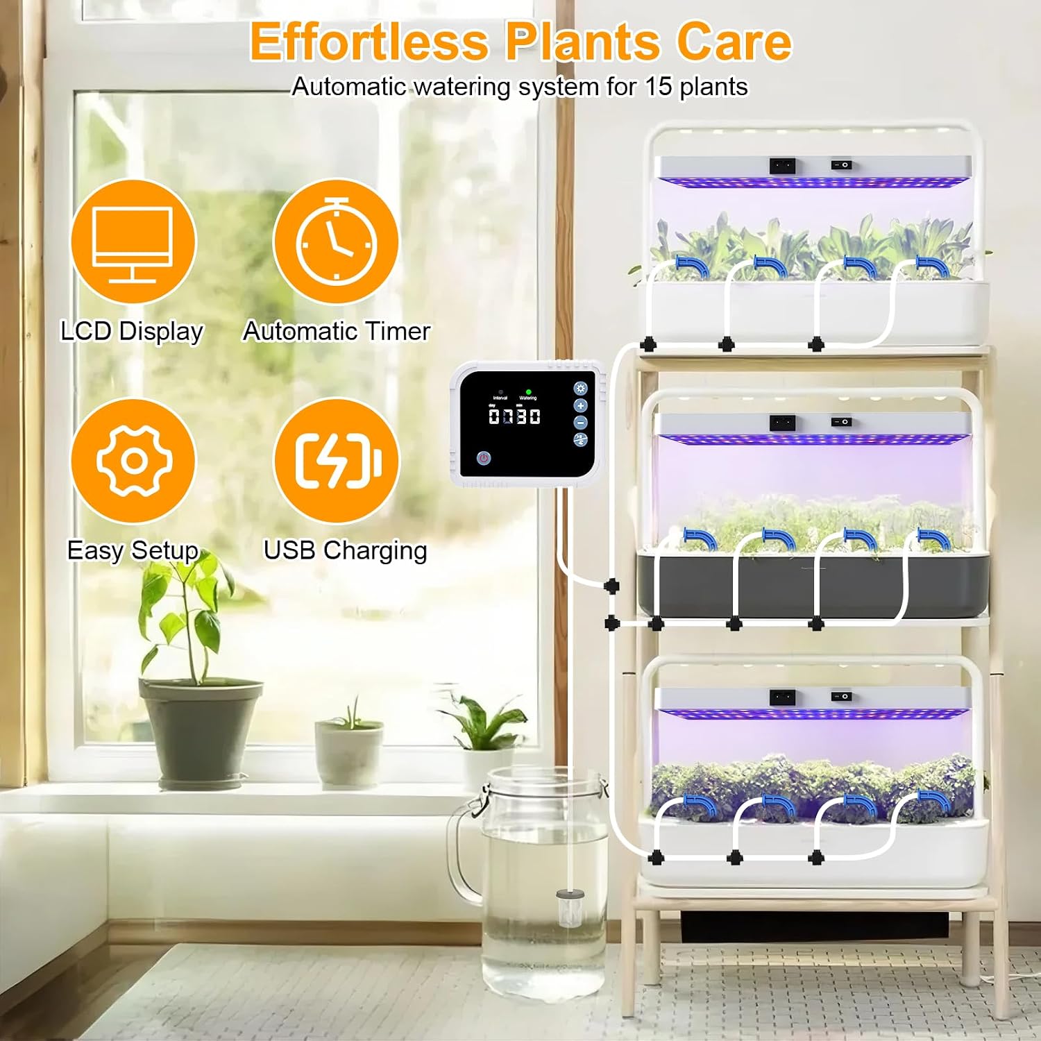 LED Grow Light with Automatic Watering System for Indoor Plants, Full Spectrum Plant Light with Remote Control