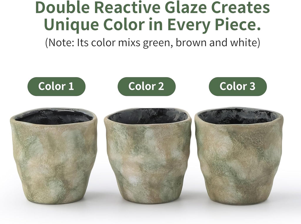 6 Inch Ceramic Planter Set of 2 with Drainage Hole and Saucer for Plants, Indoor-Outdoor Large Irregular Succulent