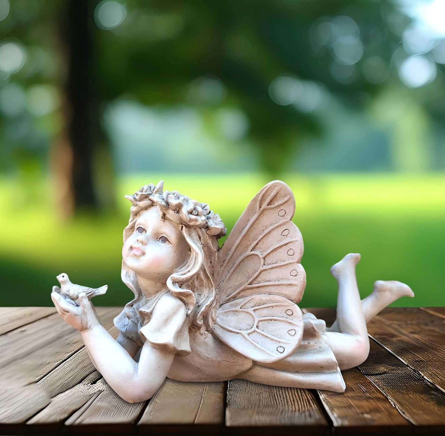 Fairy Garden Decor, Angel Holding a Bird Garden Statues for Outside | Resin Fairies for Fairy Garden, Cute Yard