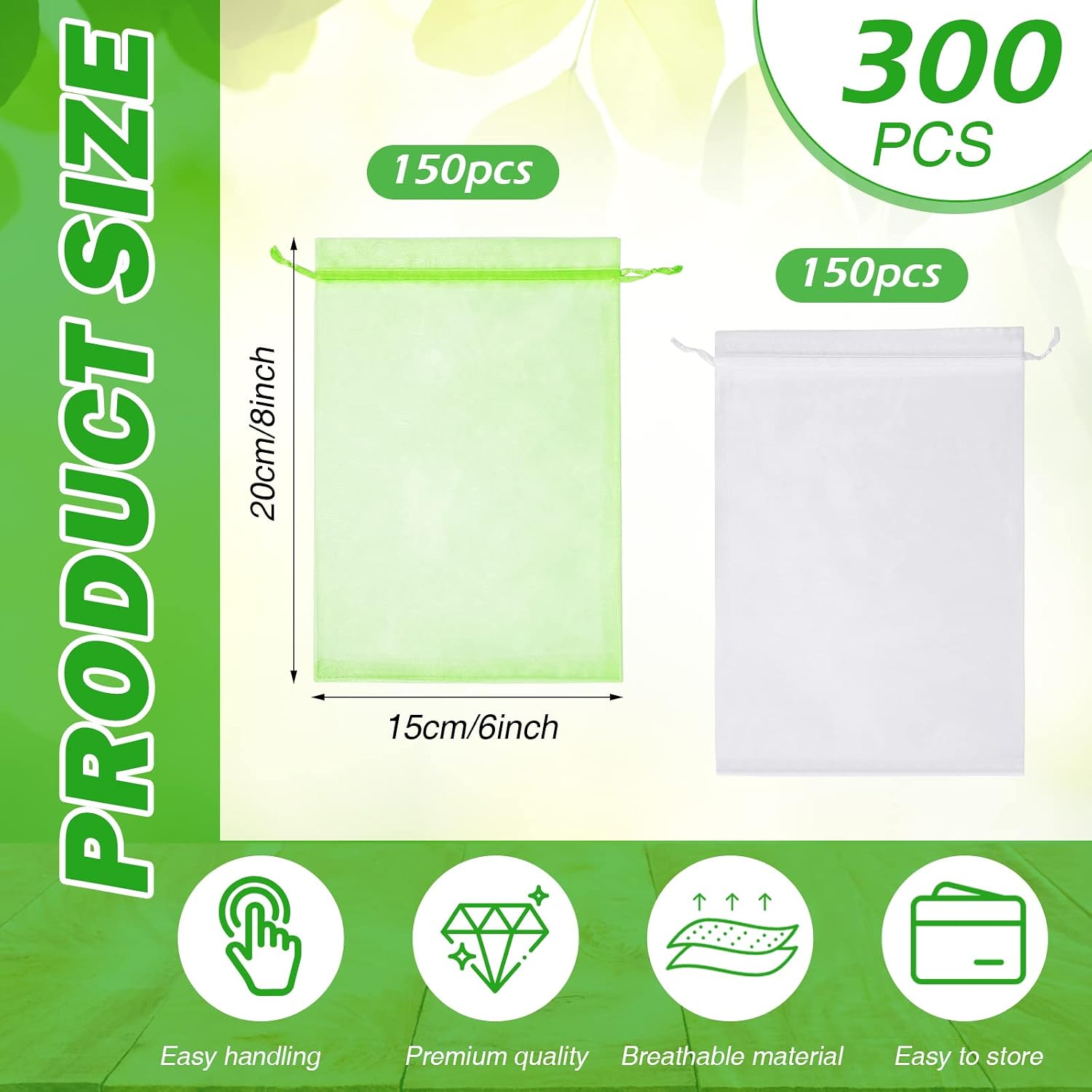 Woanger 300 Pcs Fruit Protection Bags 6 x 8'' Fruit Bags for Fruits Trees Green Netting Fruits Cover Bag with