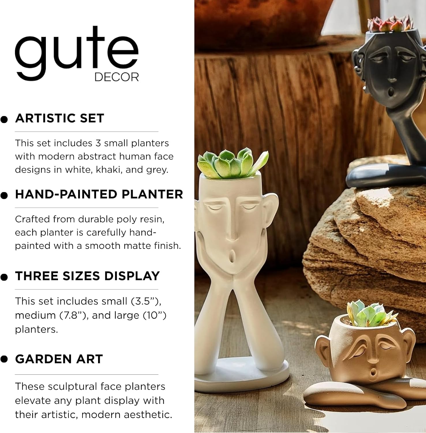 GUTE Human Face Shaped Succulent & Flower Planter Pots - Set of 3- Figurines for Garden - Indoor Outdoor Decorative