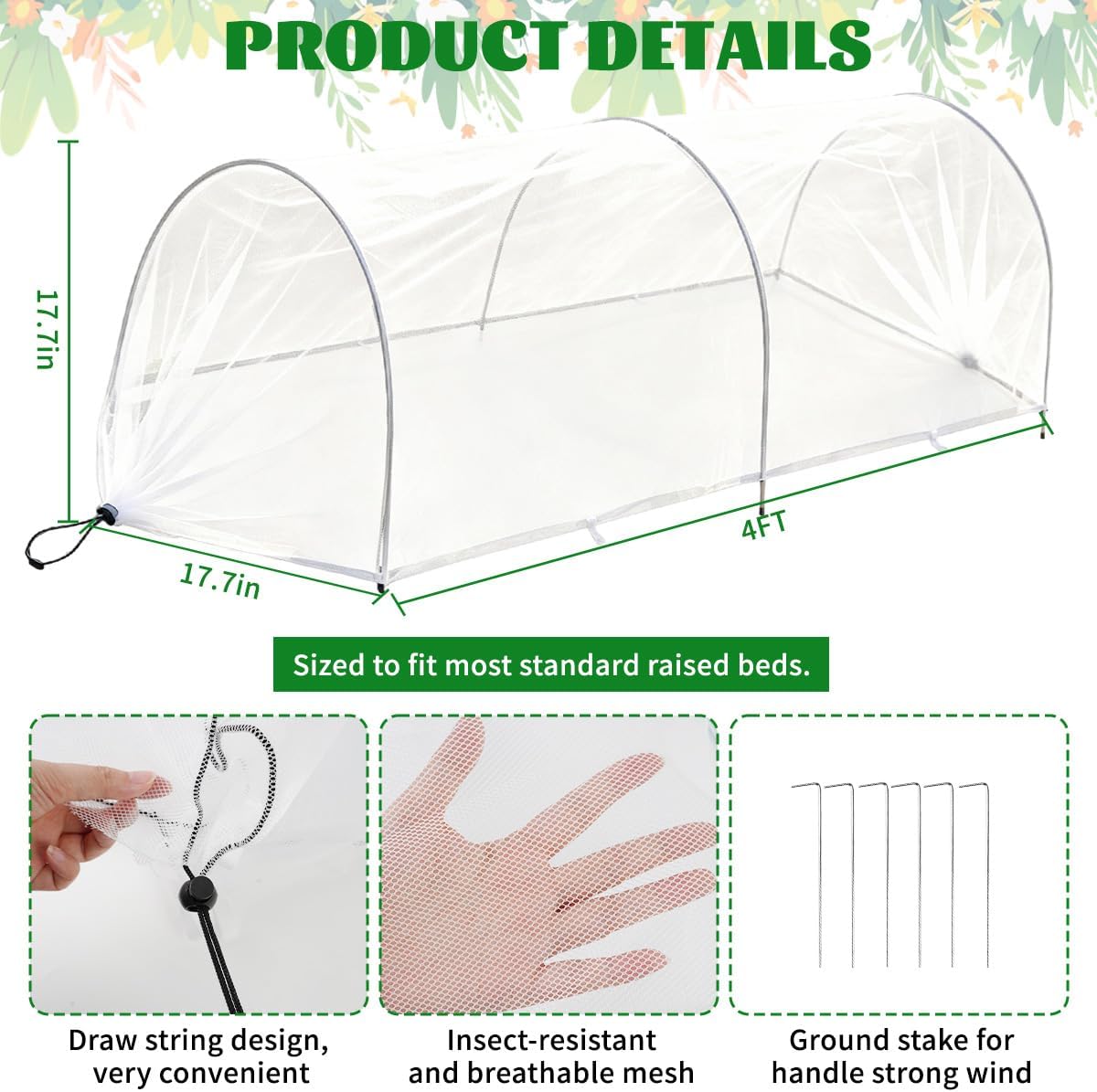 Pop Up Raised Garden Bed Cover, 4 Feet Plant Protection Mesh | Foldable Row Cover Tunnel Net with Stakes for