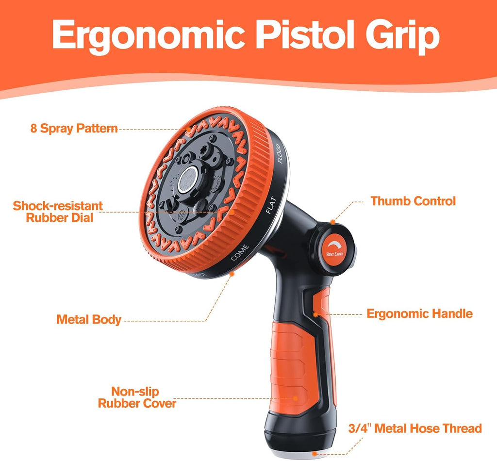 Garden Hose Nozzle, 3.6" Ultra-Wide Metal Hose Sprayer, Orange