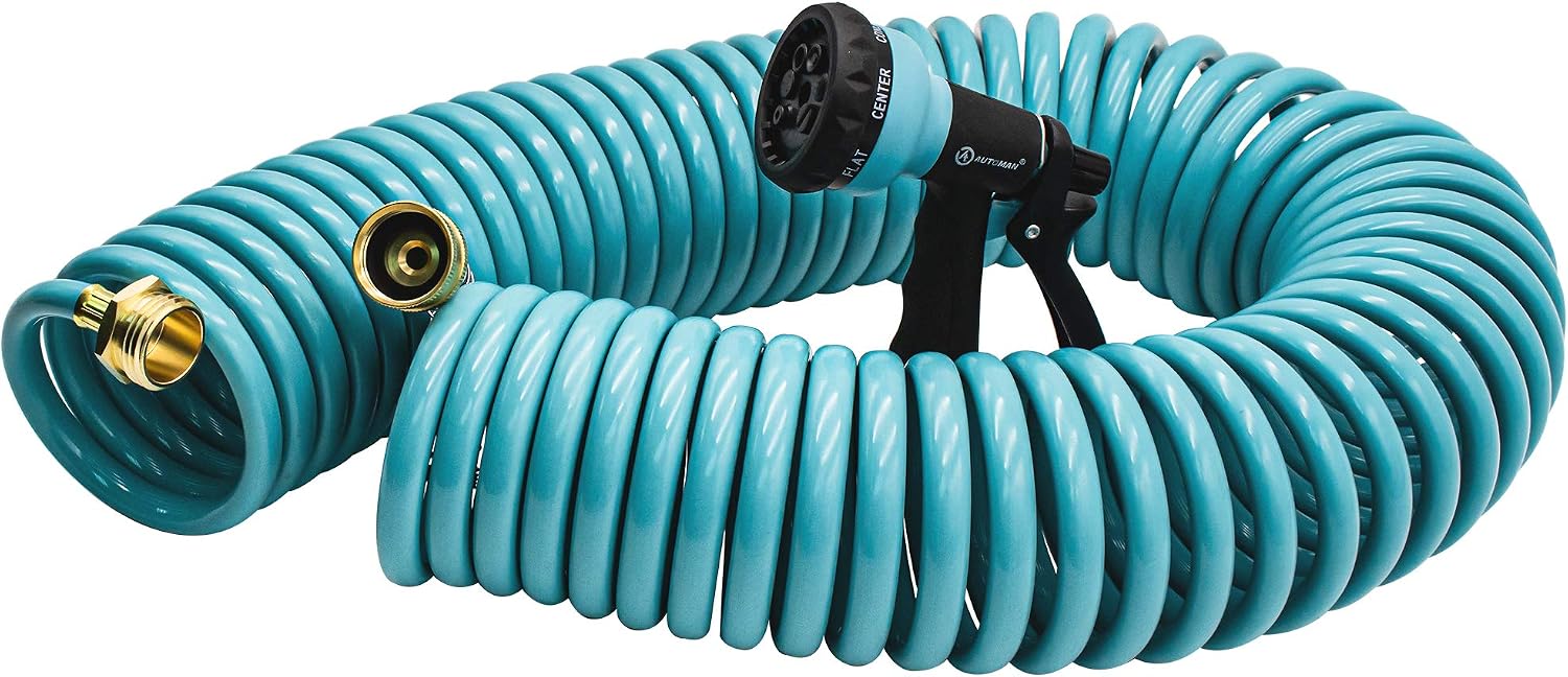 AUTOMAN Recoil Garden Water Hose 50 ft, EVA Curly Water Hose with Brass Connectors,Garden Hose Coil,Includes 7-Pattern