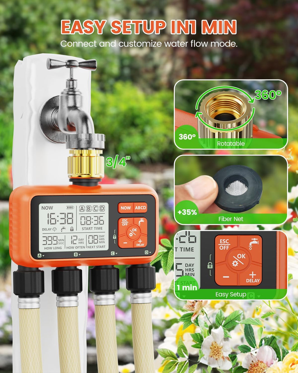 Sprinkler Timer 4 Zone with Brass Inlet Water Timer for Garden | Programmable Faucet Controller with Independent Zone