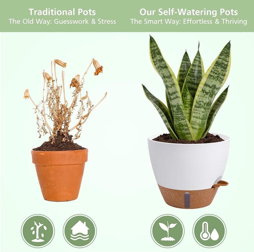 Self Watering Pots with Water Level Indicator, 12" 10" 9" 8" Large Plastic Flower Pots with Mesh Drainage Hole and