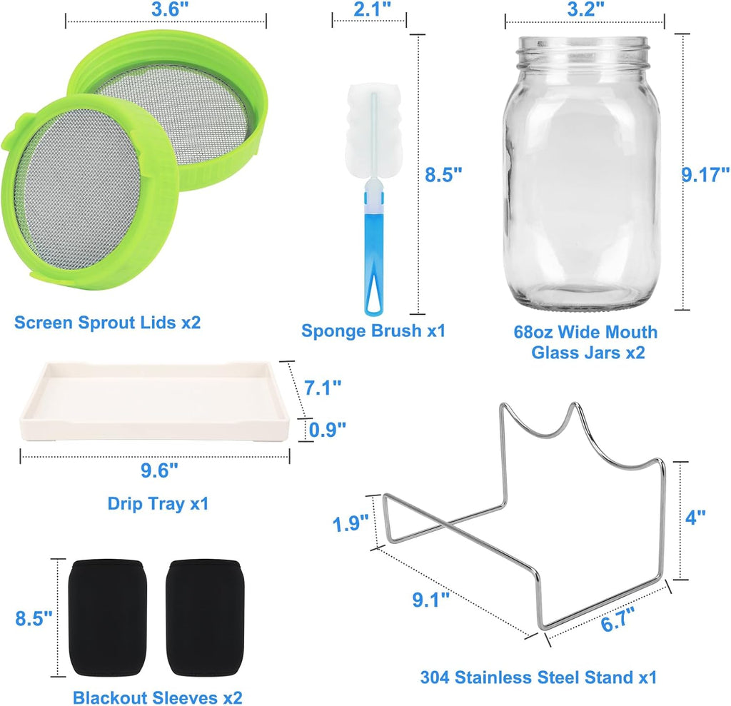  [Large Size] 68oz Sprouting Kit, 2 Sprouting Jar Kits, Wide Mouth Jars with Stainless Steel Screen Sprout Lid, 2000ml