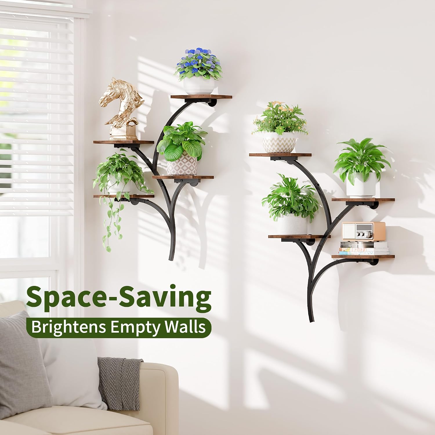 2 Pack Wall Mounted Plant Holder, 8-Tier Wall Planters for Indoor Plants | Metal and Wood Wall Planters, Easy To