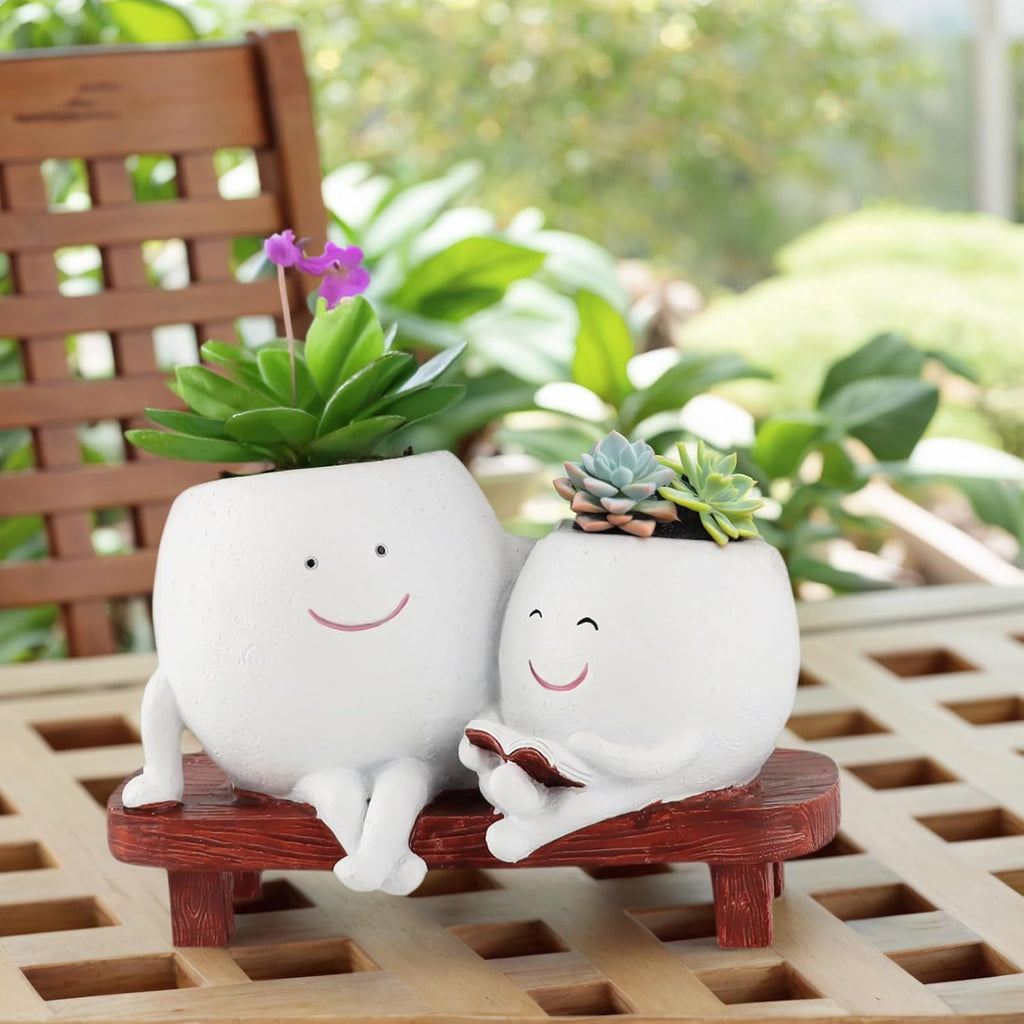 Meltset Cute Face Planter Pot - Funny Double Head Planter Sitting on Bench, Smiley Succulent Pot with Drainage Indoor