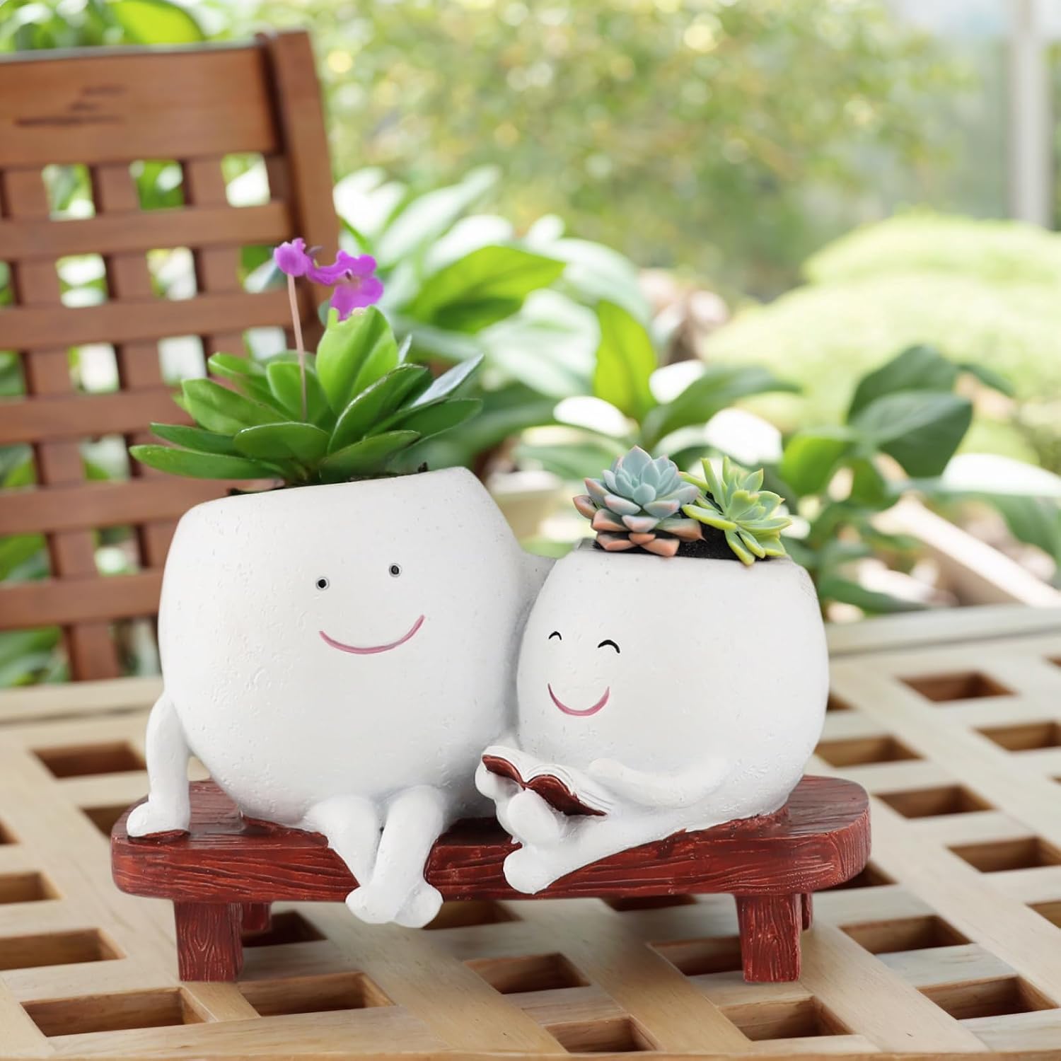 Meltset Cute Face Planter Pot - Funny Double Head Planter Sitting on Bench, Smiley Succulent Pot with Drainage Indoor