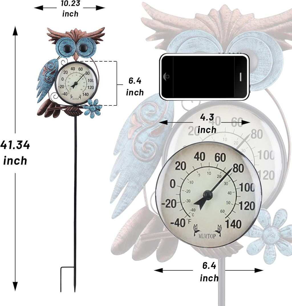 Outdoor Thermometer, Owl Outside Decor for Patio, Yard and Garden | No Battery Needed Garden Stake Wall Art Gifts Idea