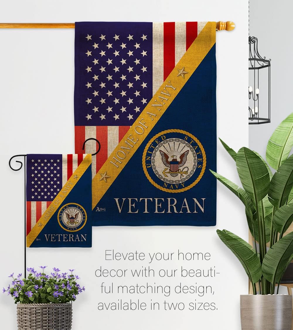 Home of Navy Burlap Garden Flag - Set with Stand Armed Forces USN Seabee United State American Military Veteran Retire