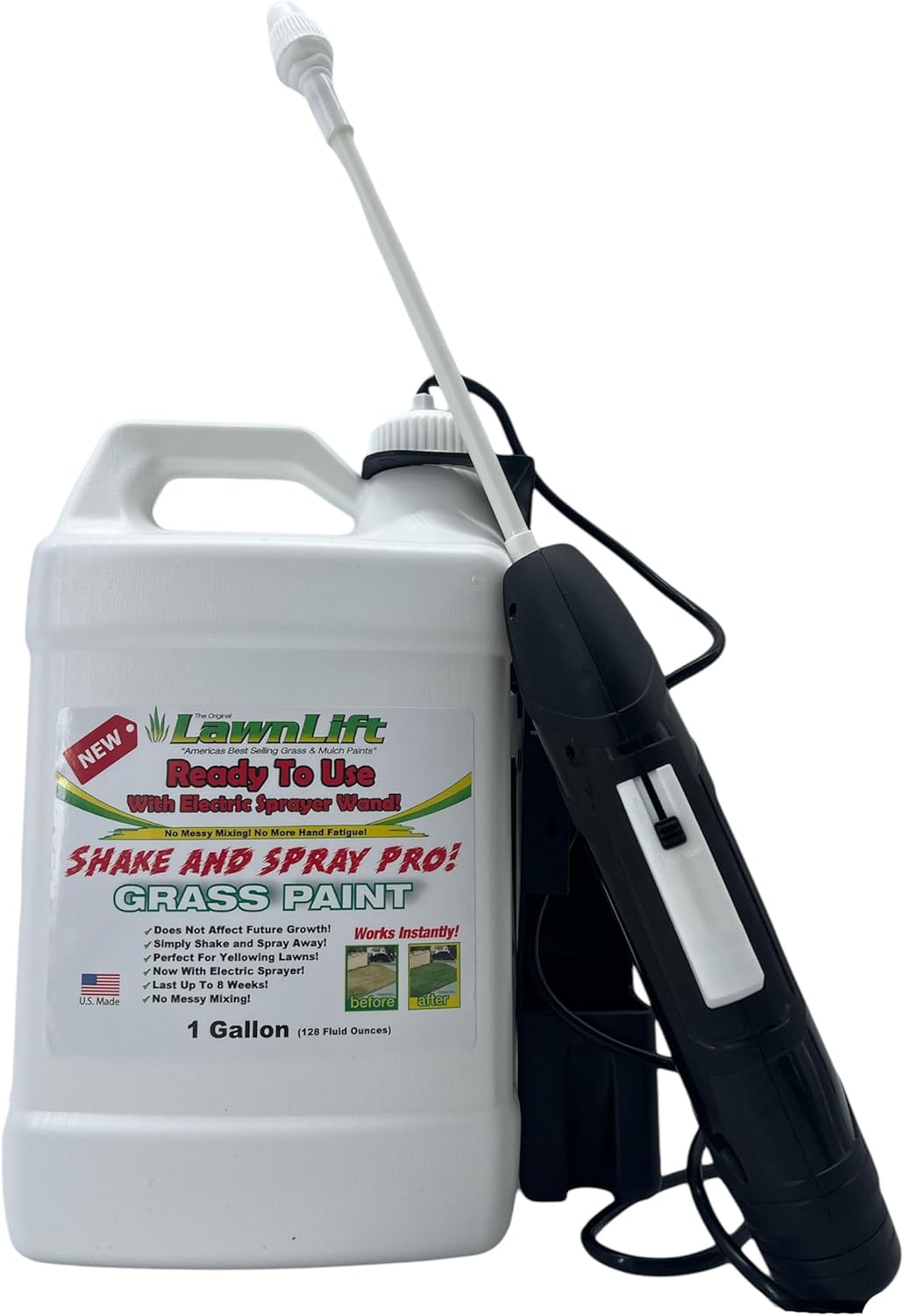 1-gallon ready to use grass paint, shake and spray pro with electric sprayer wand. No more messy mixing. Instantly