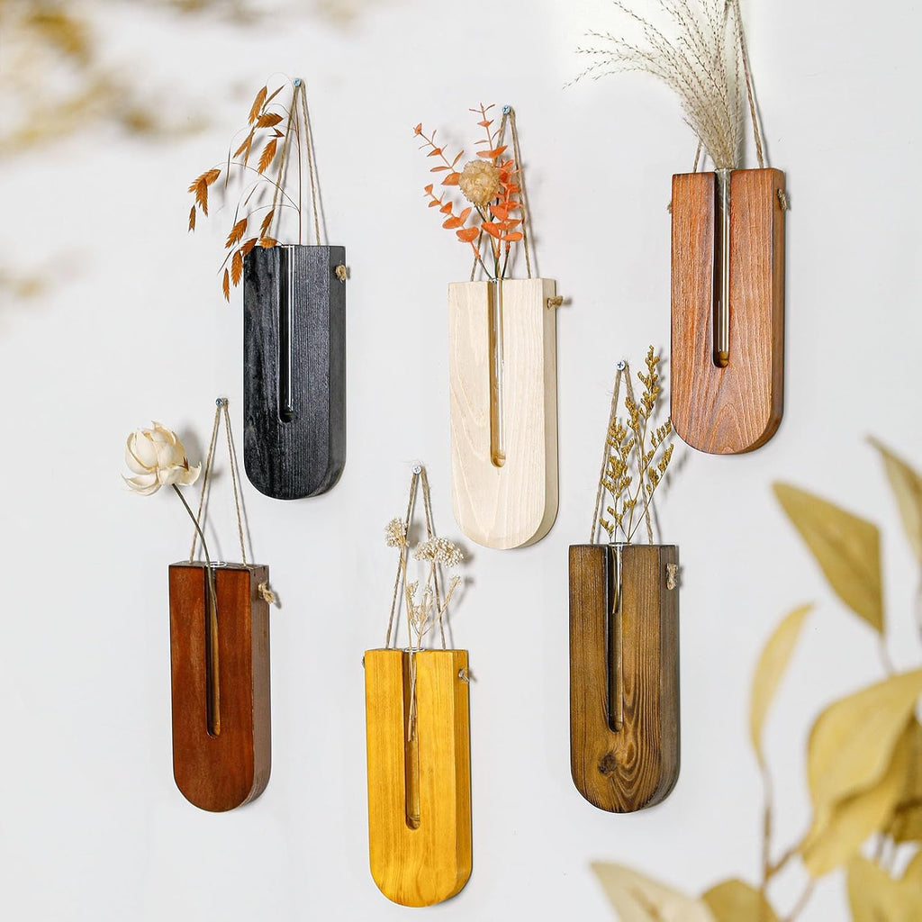 6 Pack Wooden Wall Planters for Indoor Plants Hanging Propagation Station | Wood Pocket Vases Wall Decor for Living