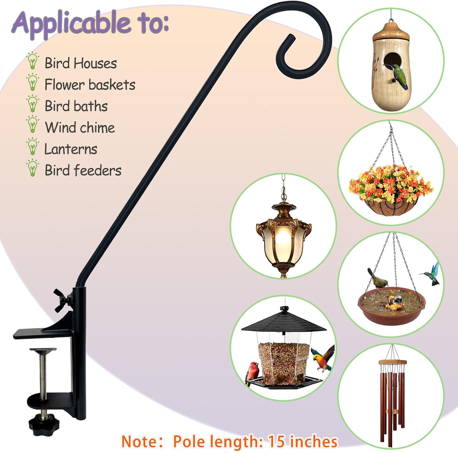 Heavy Duty Deck Hook,360 ° Rotating Design,Pole 15”Long Metal Deck Railing Hooks for Hanging Bird Feeders,Planters,Suet