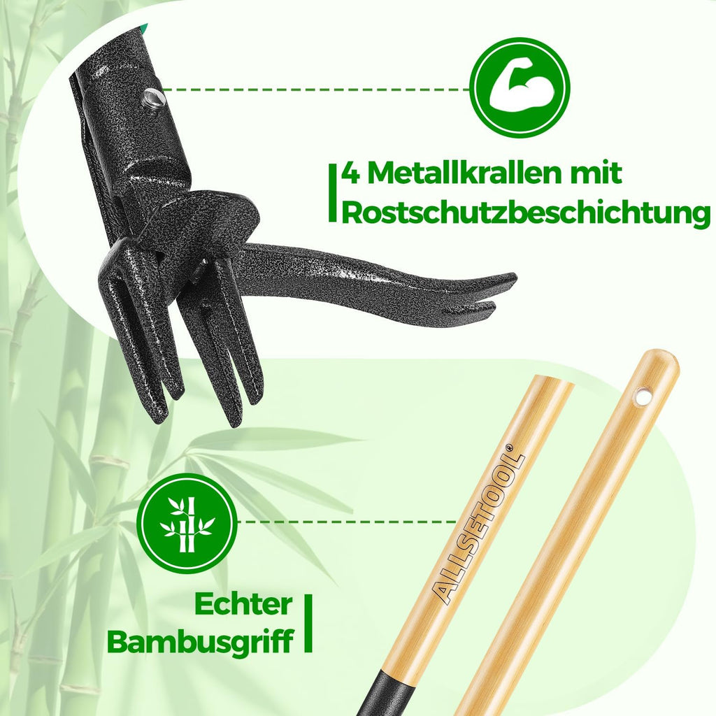 Weed Puller Tool with 2 Weed Eject Feature, 43.7in Stand Up Dandelion Remover Tool, Real Bamboo Handle and Metal 4 Claw