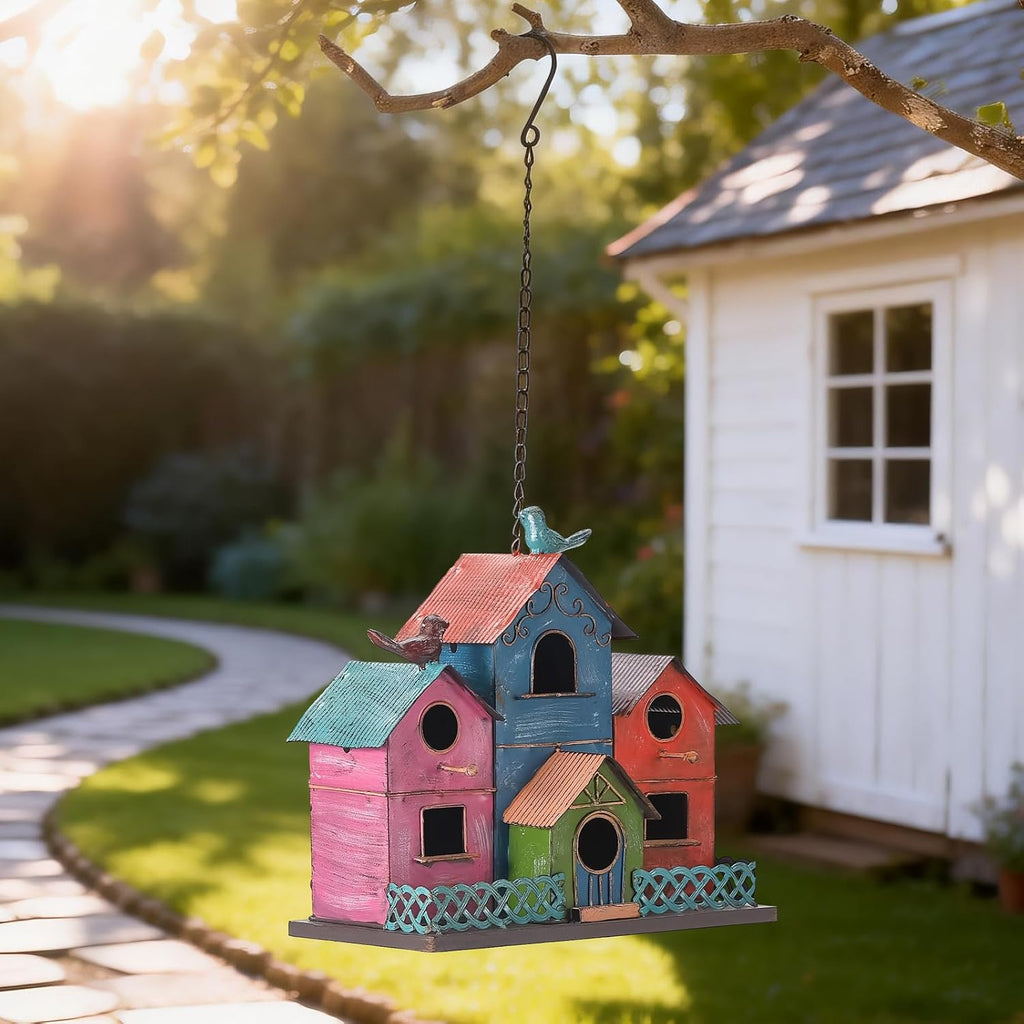 Metal Bird Houses for Outside Hanging, Large Bird Houses for Outdoors with 4 Compartments for Birds to Nest in