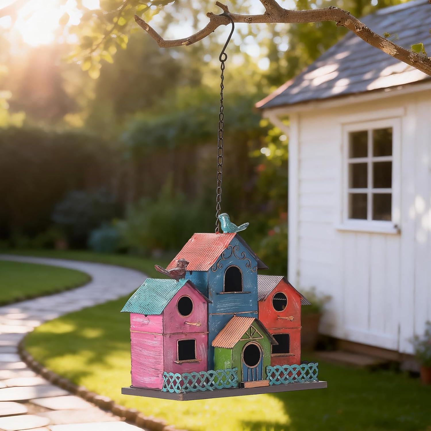 Metal Bird Houses for Outside Hanging, Large Bird Houses for Outdoors with 4 Compartments for Birds to Nest in