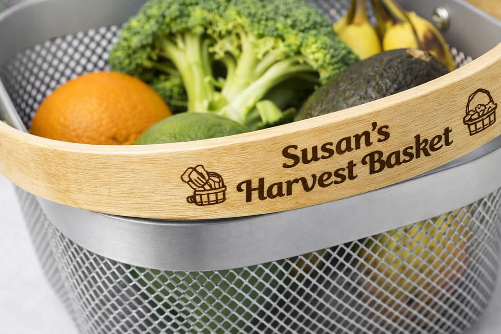 Personalized White Garden Harvest Basket with Engraved Bamboo Handle – Lightweight Metal Mesh Vegetable Basket for