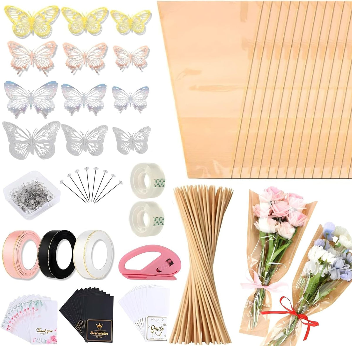 Majreey Floral Wrapping Paper Kit, 80Sheet Waterproof Floral Paper, 3Rolls Ribbon for Flower Bouquet, 2Rolls Transparent Tape,100Pcs Flower Pins, 48Pcs 3D Butterflies, 9Pcs Crowns (Flower-4)