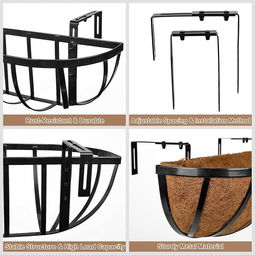 24 Inch Railing Planter Boxes with Adjustable Brackets for Hanging Outdoor Plants, Window Box Planter with Coco Liner