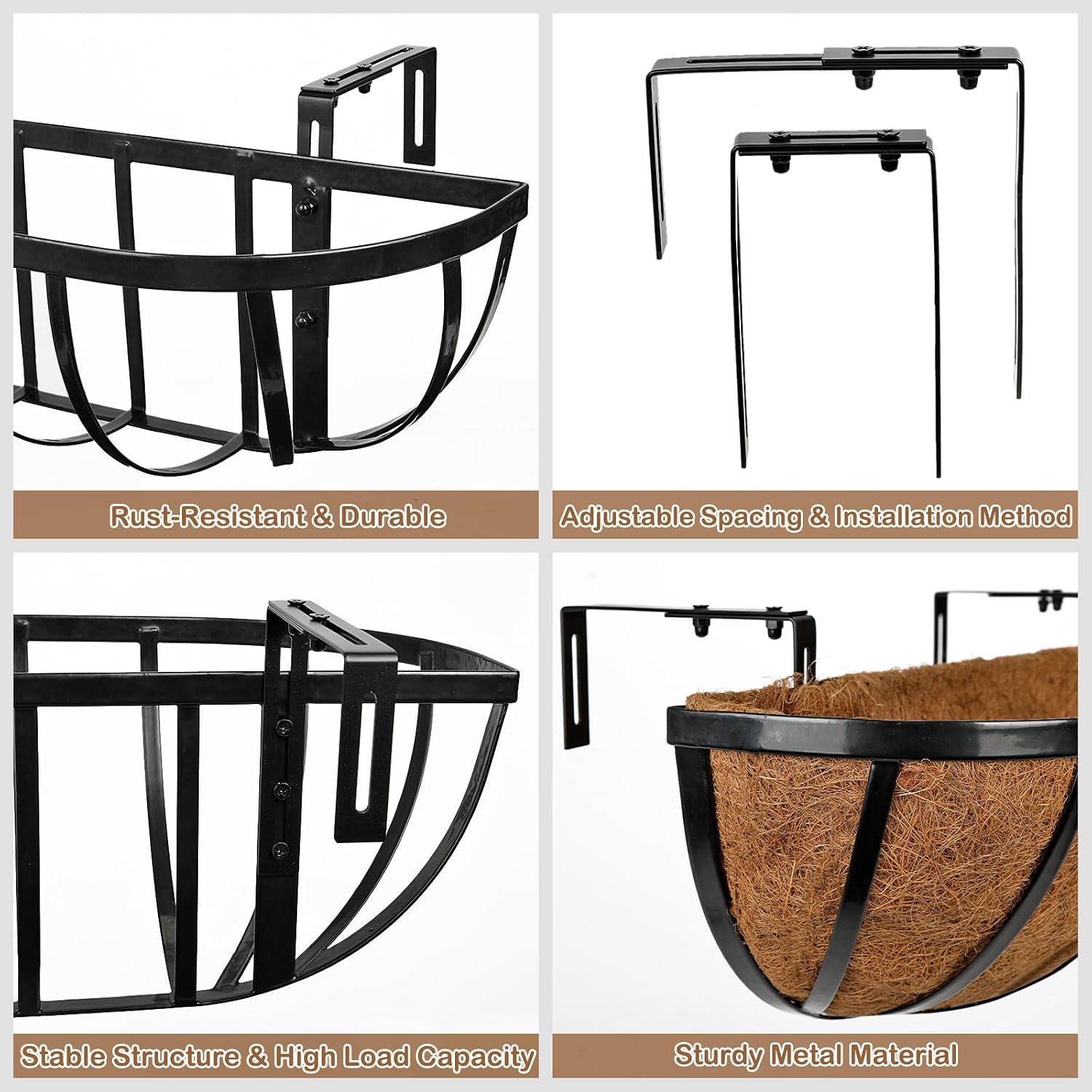 24 Inch Railing Planter Boxes with Adjustable Brackets for Hanging Outdoor Plants, Window Box Planter with Coco Liner
