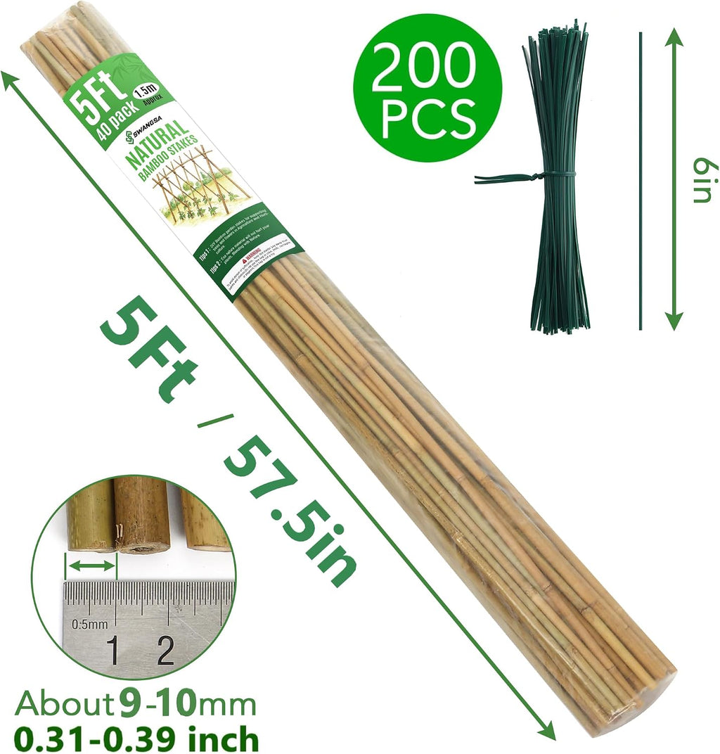 SWANGSA 40 Pack Bamboo Stakes for Plant 5 Feet(57.5inch), Bamboo Sticks Plant Support Garden Stakes Poles with 200pcs