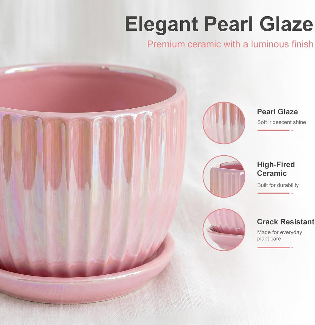 Pink Plant Pots，Ceramic Planters with Drainage Holes and Saucers Set of 3 | Ceramic Planters for Indoor Plants | Cute